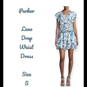 Parker white blue floral Lana Drop-Waist Silk Mini Dress size S